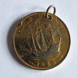 Vintage coin pendant gold and silver tone charm numismatic 1943 half penny